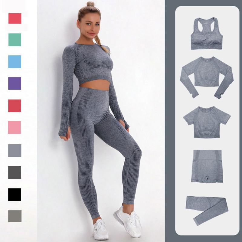 

Yoga Outfit 2/3/5PCS Women Sportswear Set Gym Clothing Tracksuit Long Sleeve Crop Top High Waist Seamless Leggings Fitness Sports Suits