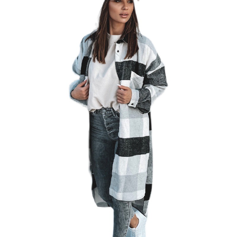 

2 Colors Womens Jackets Blouses Shirts Plaid Casual Long Shirt Single Breasted Pocket Long Sleeve Tops Blouse Autumn Spring Fashion