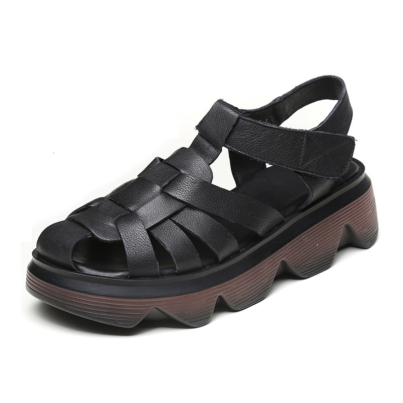 

sandals genuine leather fashion women's summer shoes woman flats designer women heels chunky platform female 0mut, Black