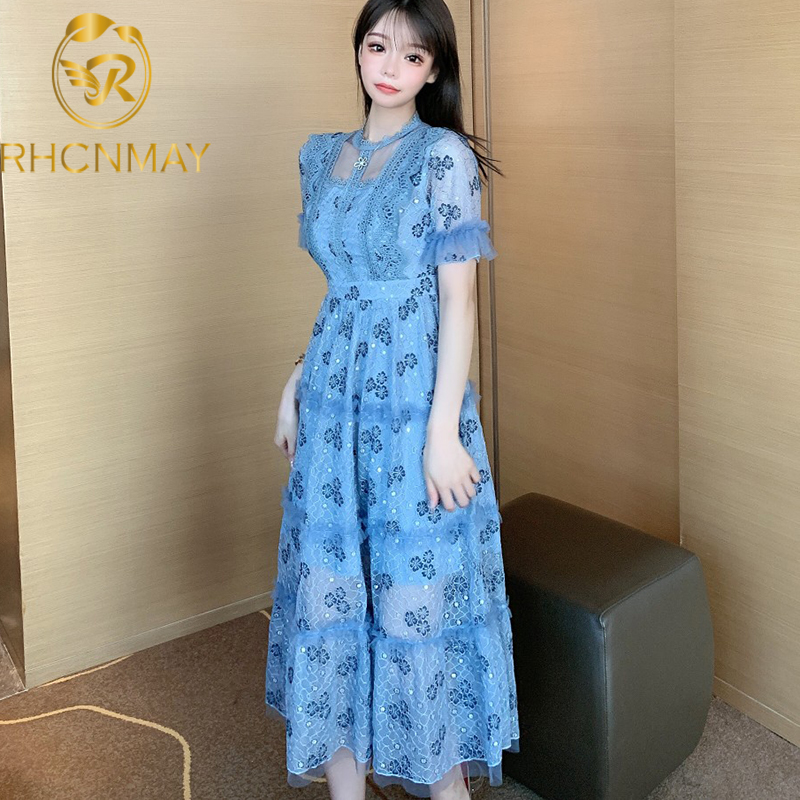 

fashion elegant lace women dress style 2021 summer new midi dresses lace embroidery chic sweet short sleeved vestidoswimwear bathing suits s, Black;gray