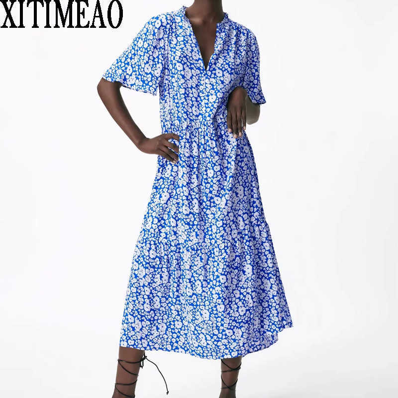 

Za Women Summer Blue Dresses Vintage Casual Short Sleeve O Neck Shirt Dress Leisure Vacation Long Skirt 210604