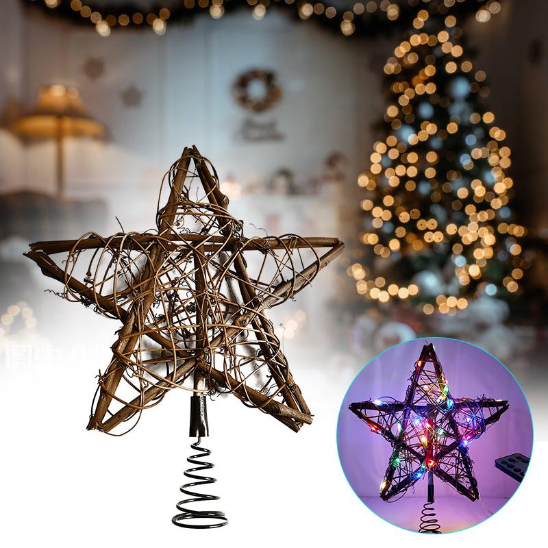 

Christmas Decorations Rattan Tree Star Topper Gold Shape Top Light Home Xmas Stars Rustic Led Decoration Indoor