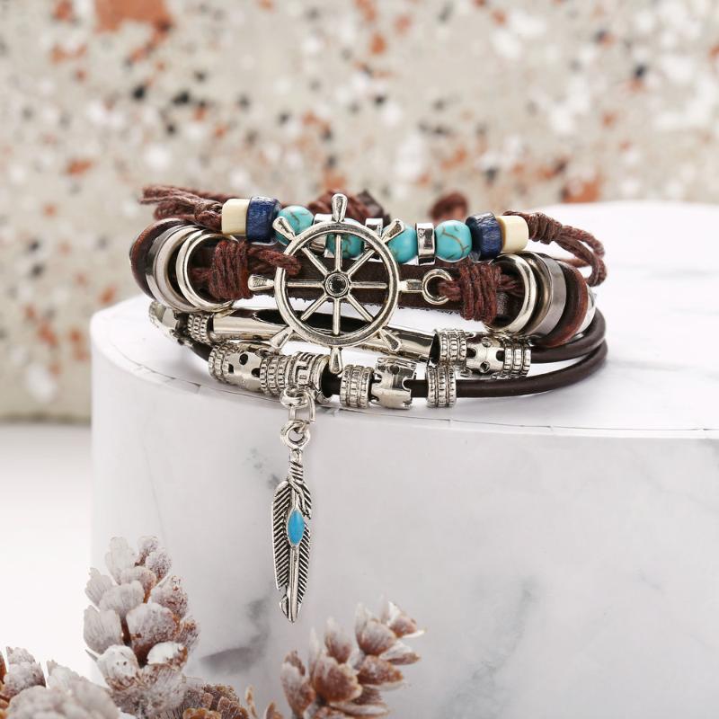 

Charm Bracelets Leather For Women With Wood Alloy Bohemia Jewelry Set Fashion Wholesale