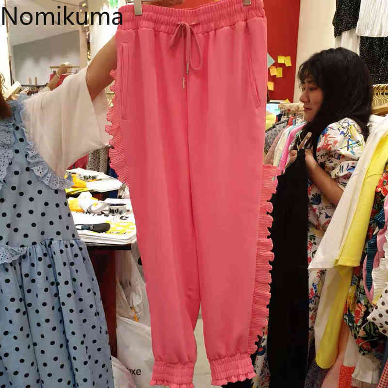 Nomikuma Korean Spring Summer New Sweatpants Women Lace Up Stretch High Waist Trousers Ruffle Patchwork Harem Pants 6G708 210427