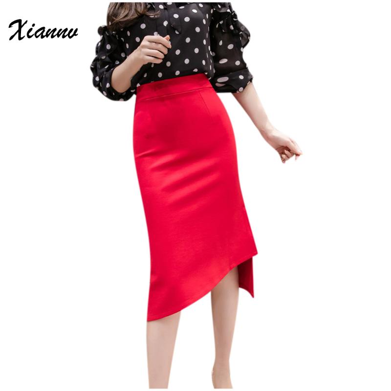 

Women Skirt 2021 Summer Solid Irregular Open Fork Casual Fashion Red Color Skirts For, Black