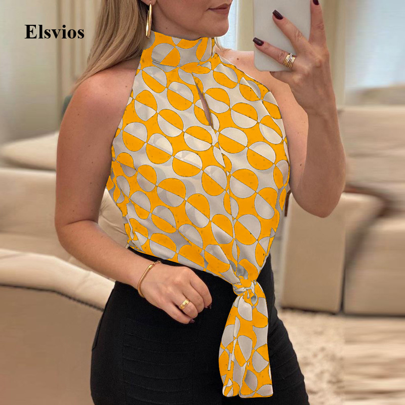 

Women' Blouses & Shirts Summer Geometric Print Women Spring Halter Sleeveless Slim Blouse Shirt Office Lady Casual Lace-Up Tops B, 01 yellow