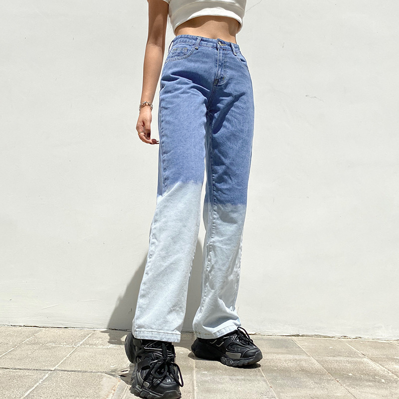 

Paris Girl Autumn Fashion Denim Pants Women Street Vintage Sexy High Waist Tie-dye Hit Color Casual Straight-Leg Slim Jeans 210524, Blue