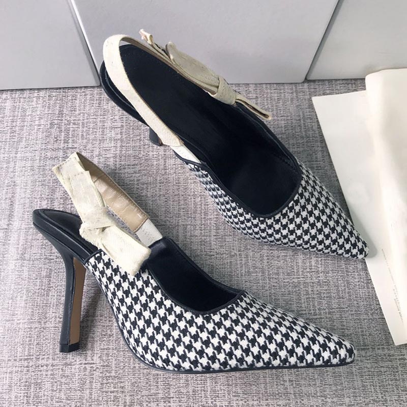 

Designer Ladies Sandals Beautiful Houndstooth Bridal Wedding High Heels Bowknot Fashion Office Comfortable Work Shoes Large Size 41 42, Black