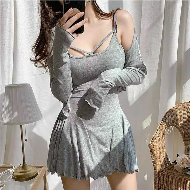 

Women Sexy Two Piece Sets Summer Spaghetti Strap Dress + Short Jacket Cardigan Outfit Woman Transparent Suits Clothes 210602, White