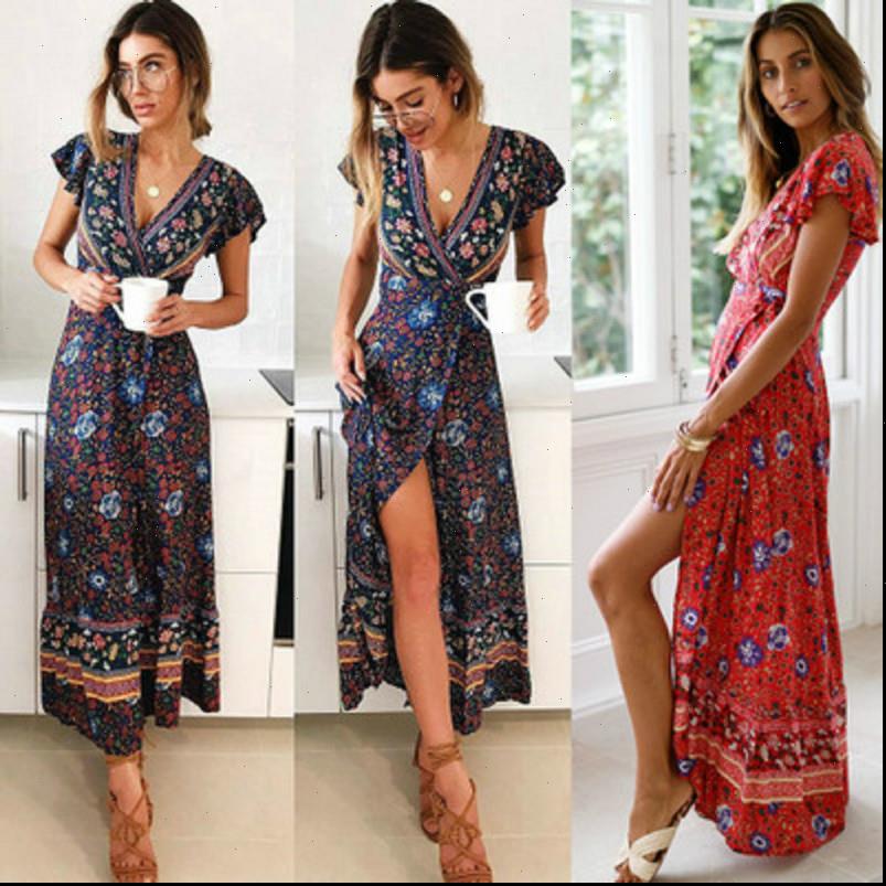 

boho v neck slim women dresses waist arrival long maxi summer beach party floral printed sundress, Black;gray