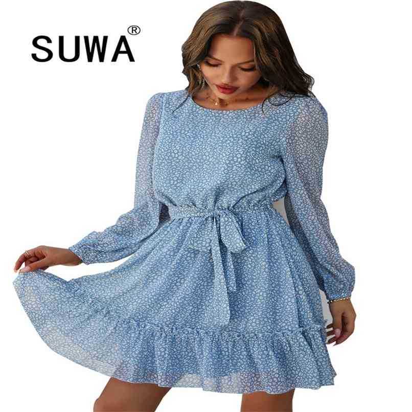 

Floral Print Ruffled Summer Womens Dress Arrival Elegant Long Sleeve Sashes Female Chiffon Bohemian Spring Short 210525, Pink