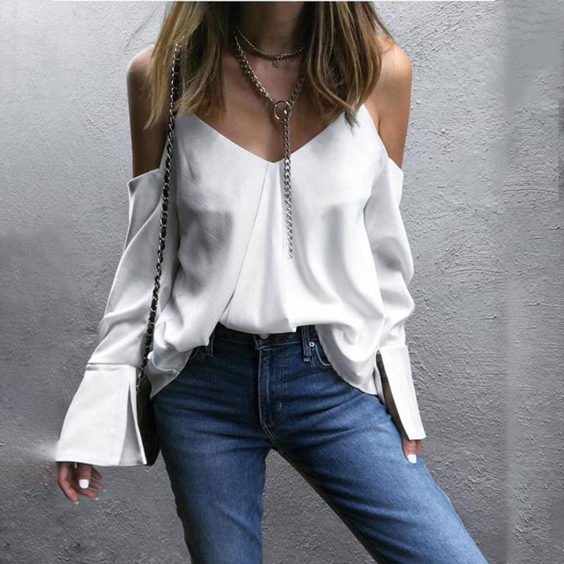 

Women's Blouses & Shirts Spring Summer Ladies England Style V Neck Solid Women 2021 Flare Full Sleeve Hollow Out Midweight Pullover, White