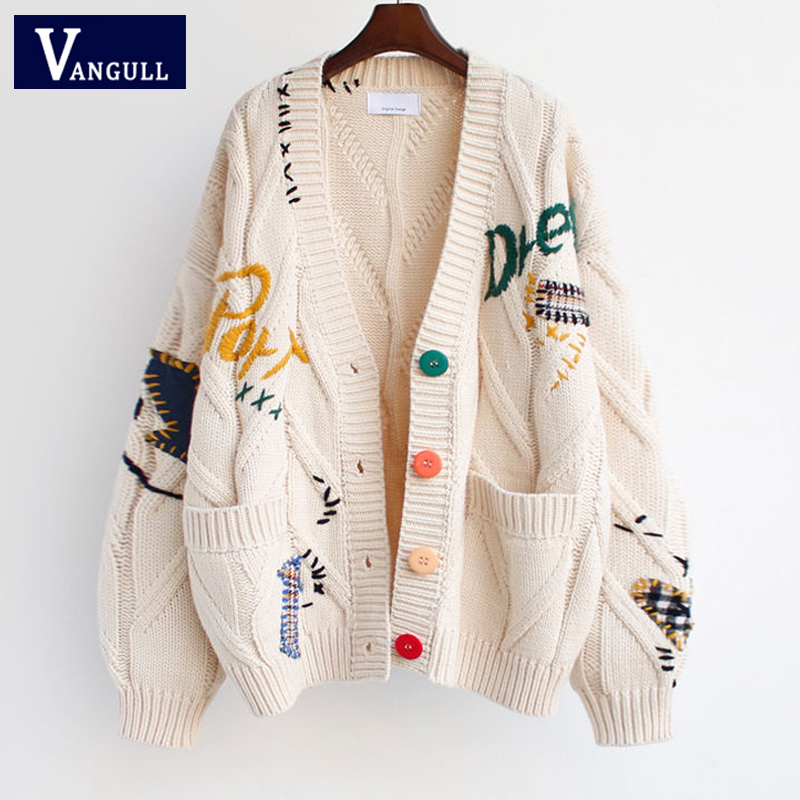 

Vangull Autumn Winter Embroidery Women Cardigan Warm Knitted Sweater Jacket Pocket Fashion Knit Cardigan Coat Lady Loose Sweater, Apricot