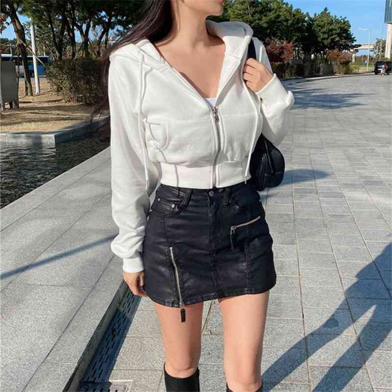 

New 2021 autumn Korean hooded short high waist zipper cardigan sweater chic sports casual coat women' fashion, White (plush)