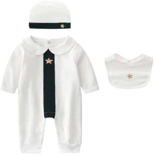 

Fashion Newborn Baby Boy Girl Jumpsuit Long Sleeve 100% Cotton Infant Rompers+Hat bibs 3Pcs Casual Outfit kids Baby Clothes, As picture