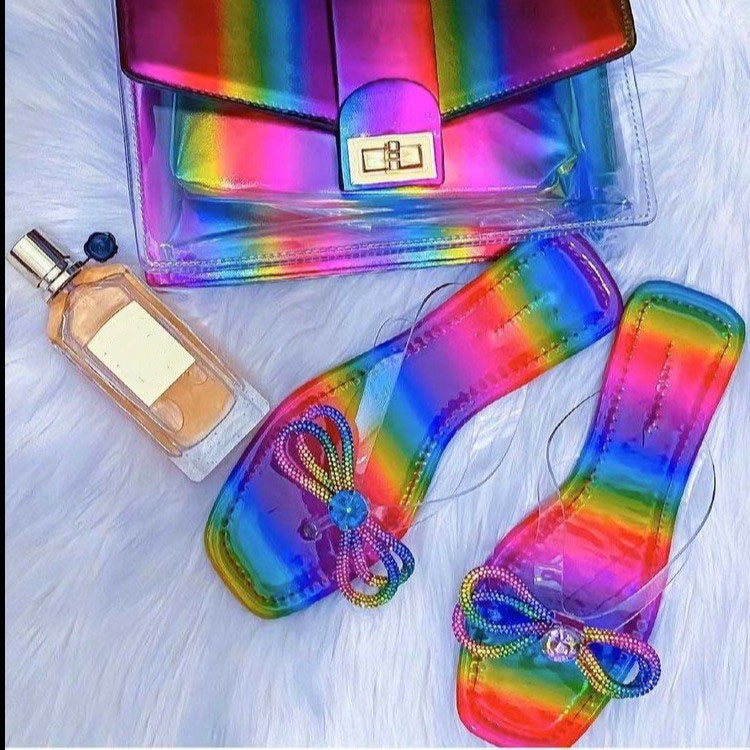 

Rainbow Women Sandals Bags and Shoes Set Summer Rhinestone Flat Heels Slippers With Fashion Bag Size 36-43 XX-0243, Shoe