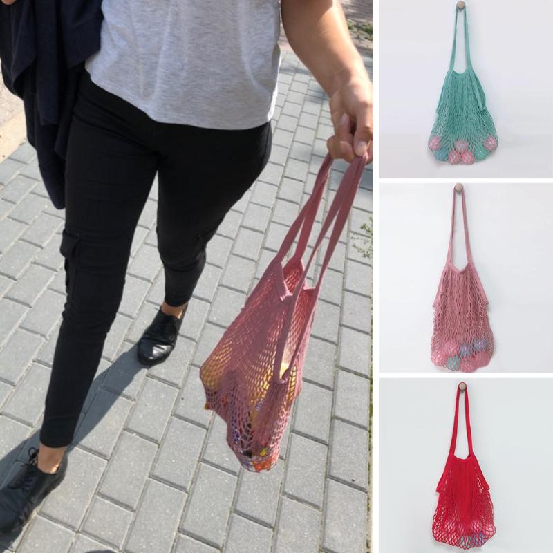 

Shopping Bags 2021 Hollow Cotton Net String Bag Reusable Fruit Storage Handbag Folding Shoulder Unisex Green Household, Beige