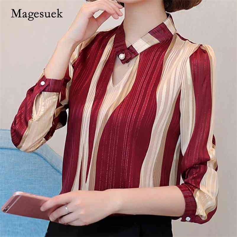 

Office Striped Button Shirt Elegant Chiffon Blouse Plus Size Tops Fashion Long Sleeve Women Shirts Blusas Mujer Z06 60 210518, Black