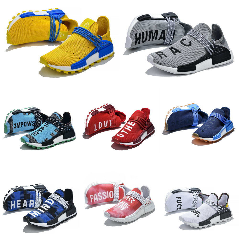 

2021 Pharrell Williams NMD Human Race Men Women Running Shoes Triple White BBC Solar Pack Yellow Blue Nerd Heart Mind Sports Outdoor Shoe