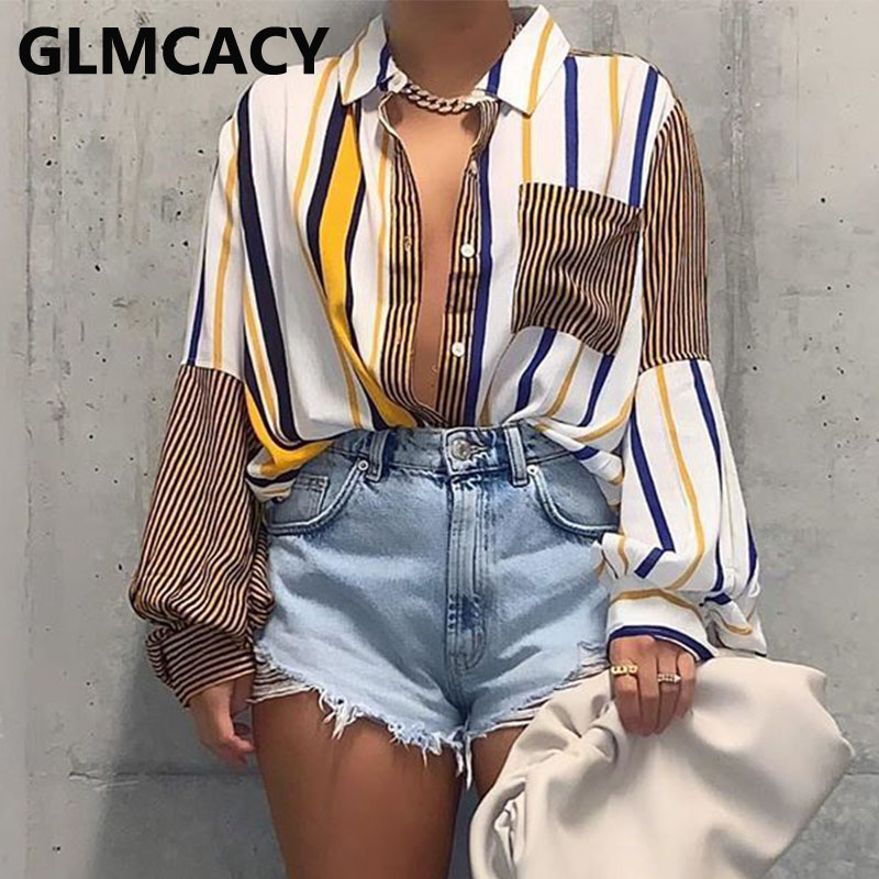 

Women Long Sleeve Button Shirt Striped Patchwork Chic Shirt Blouse, Multi
