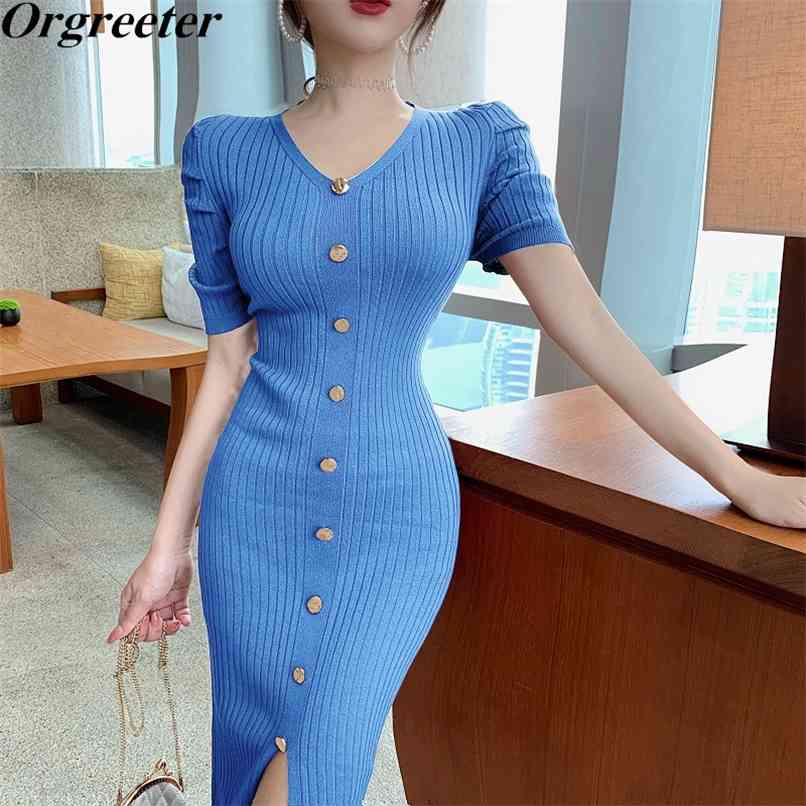 

Sexy V-neck Single-breasted Split Knee-length Knitted Women Dress Summer Pink Short sleeve Sheath Bodycon Thin Sweater 210602, Red