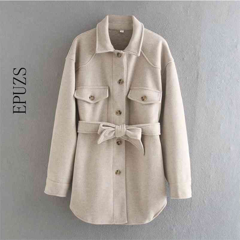 

Vintage Pocket Oversize Beige Jacket Coat Fashion Slim Long Sleeve Sashes Warm Elegant Famale Outerwear Chic Top Winter 210521