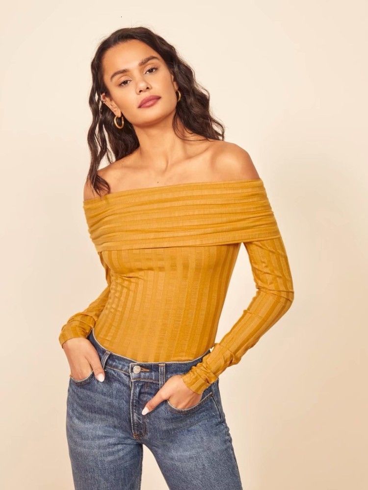 

t shirt 2021 spring pullover one neck off shoulder long sleeve slim fit women's, White