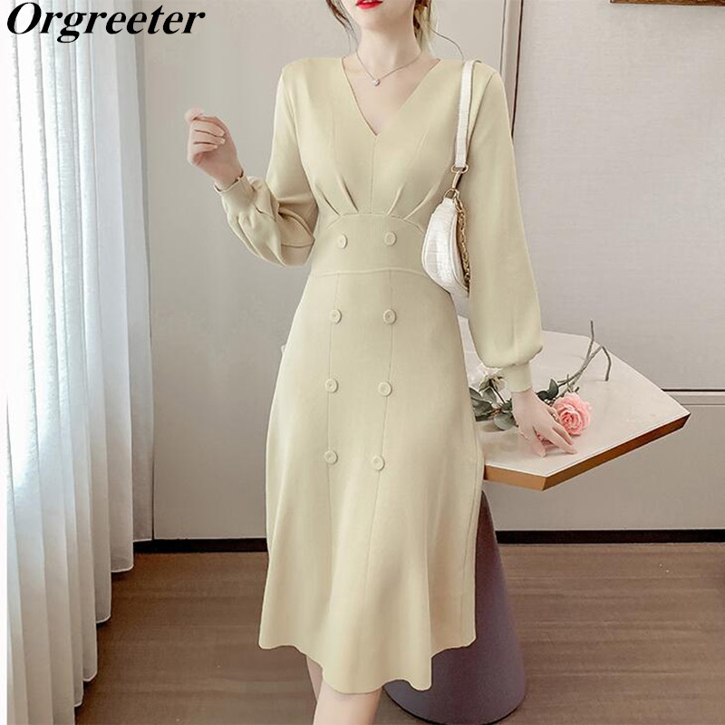 

Vintage Hepburn Temperament Knitted Dress V-neck Long Lantern Sleeve Apricot/Black Sweater Ruched Double-breasted 210525