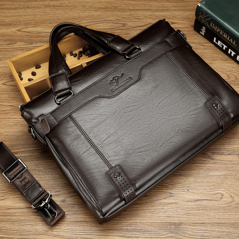 

outlet factory mens shoulder bags retro solid color leather handbag European and American popular plaid business briefcase large cross men computer bag, Coffee1-8055