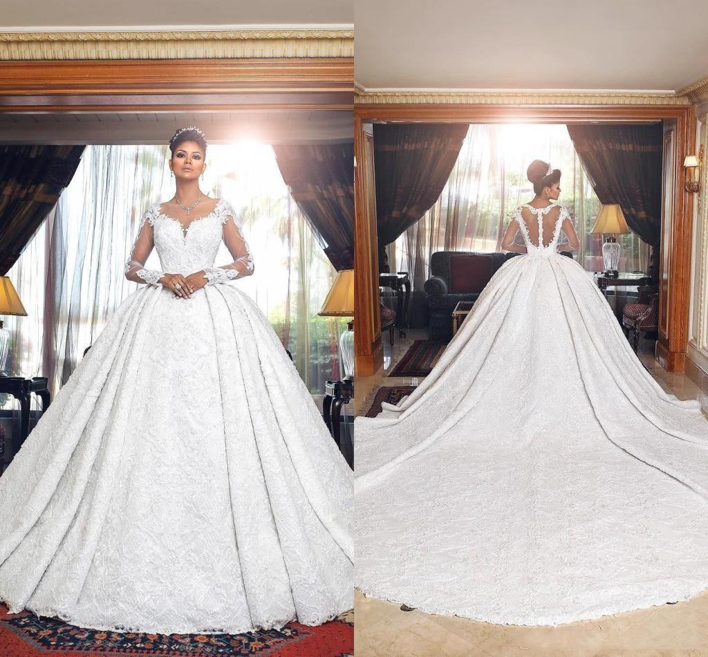 Dubai Arabic Bridal Ball Gowns Luxury Ivory Full Lace Wedding Dresses A Line Long Train Sleeve Illusion Back Dress-image-712981452