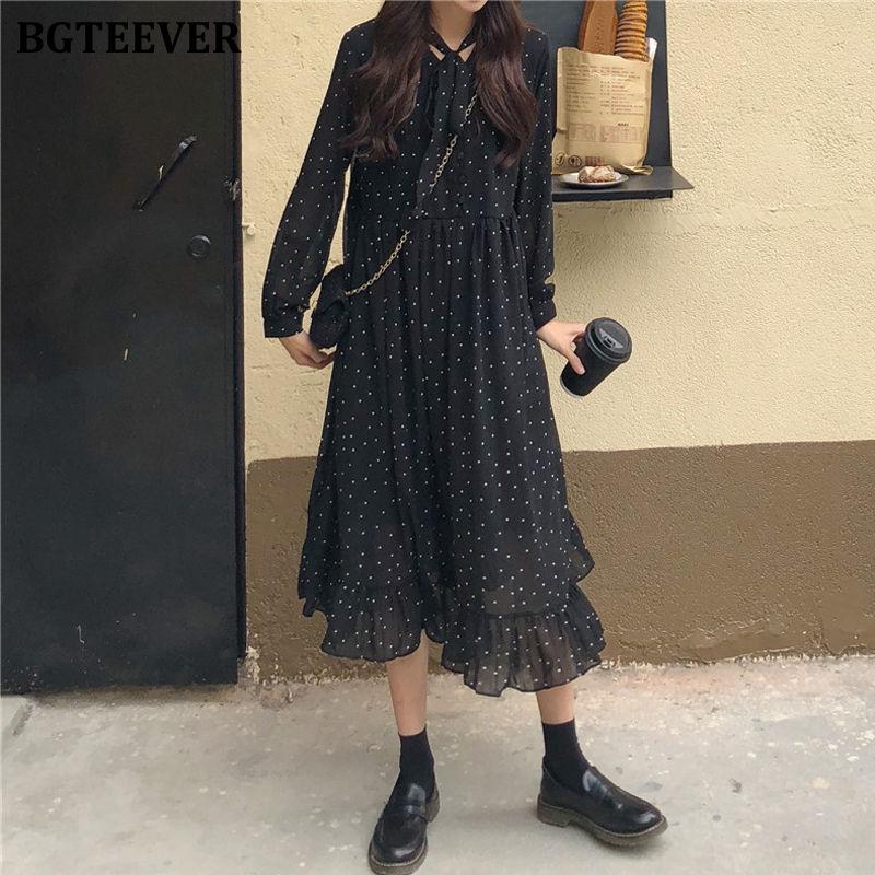 

BGTEEVER Elegant Polka Dots Print Women Chiffon Dress Vintage Loose Long Dress Lace-up Female A-line Vestidos femme Spring, Black