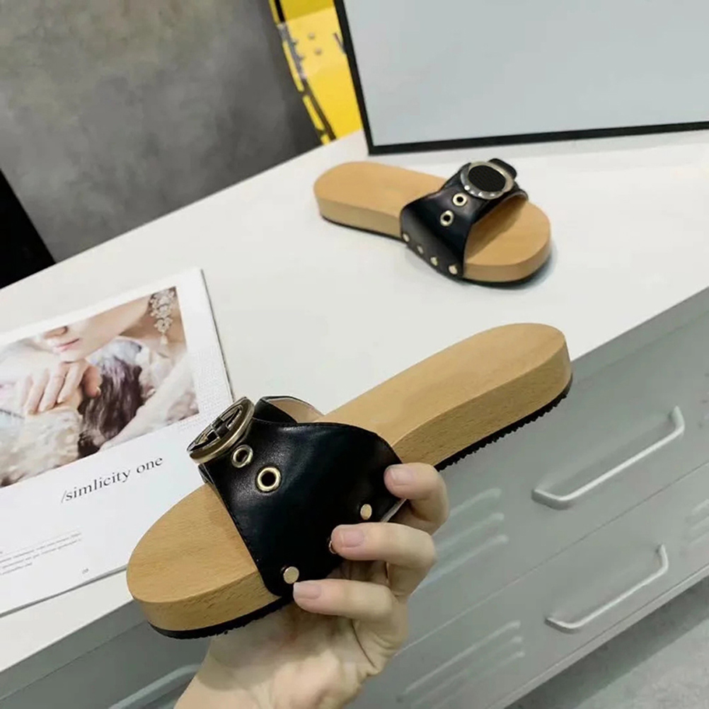 

2021 Sell Well High Quality Women Summer Genuine Leather Sandals Beach Slide Fashion Wooden bottom Slippers Size EU 35-41 With Box shoe, #1