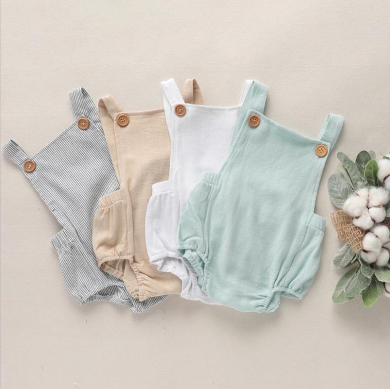 

Jumpsuits 4-color Fashion Born Baby Boy Girl Bodysuit Summer Button Cotton And Linen Jumpsuit Casual Sleeveless Backless Clothes, Sky blue