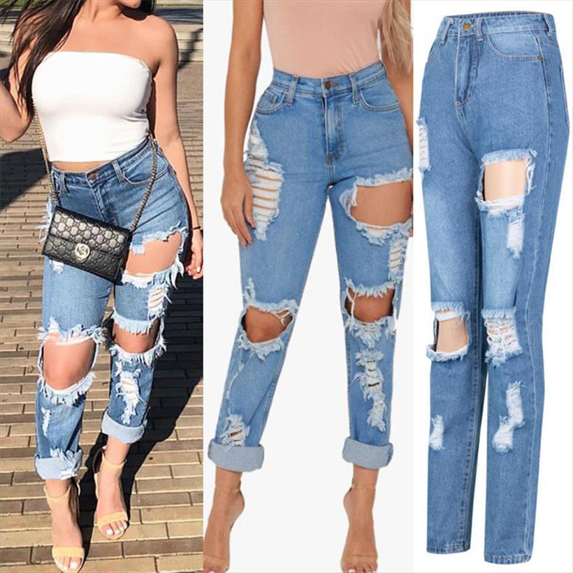 

trendy ripped denim high waist women jean boyfriend fashion long pants summer s 2xl arrival, Blue