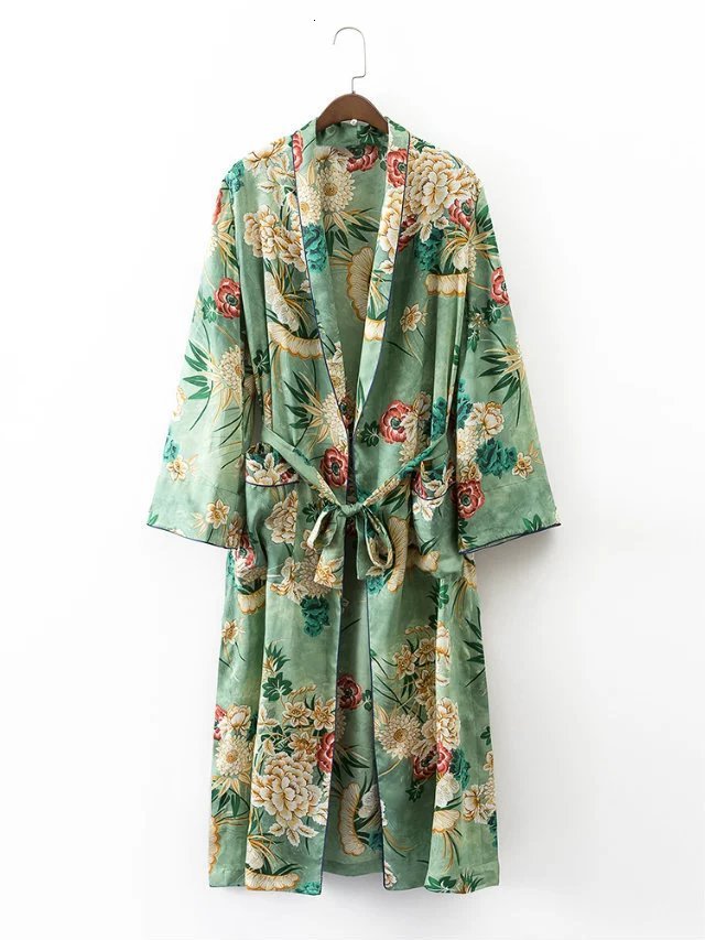 

Women's Blouses & Shirts Elegant Floral printed shirt women fashion kimono japanese long cardigan Summer bohemian beach belt sashe, Color as shown
