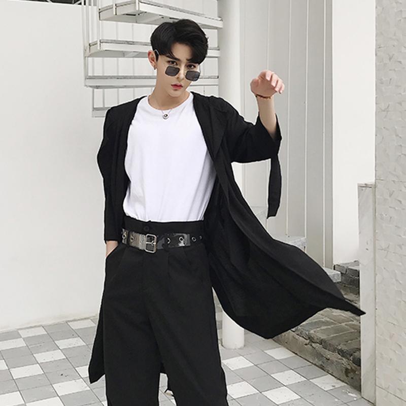 

Summer Fashion Silk Falling Shoulder Ribbon Thin Windbreaker Men' Design With Long Sleeves And Wide Casual Sunscreen Jacket Trench Coats, Black