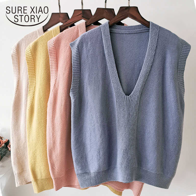 

Loose Solid Sweater Vests Knitted Sweater Fashion Sleeveless Simple V-neck Sweater Vest Women Chic Vest Female Autumn 11984 210527, Blue
