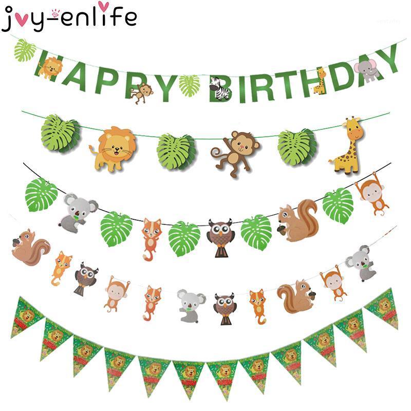 

JOY-ENLIFE Jungle Birthday Banner Amimal Garland Paper Flag Palm Leaf Babyshower Safari Animal Pennant Party Decoration