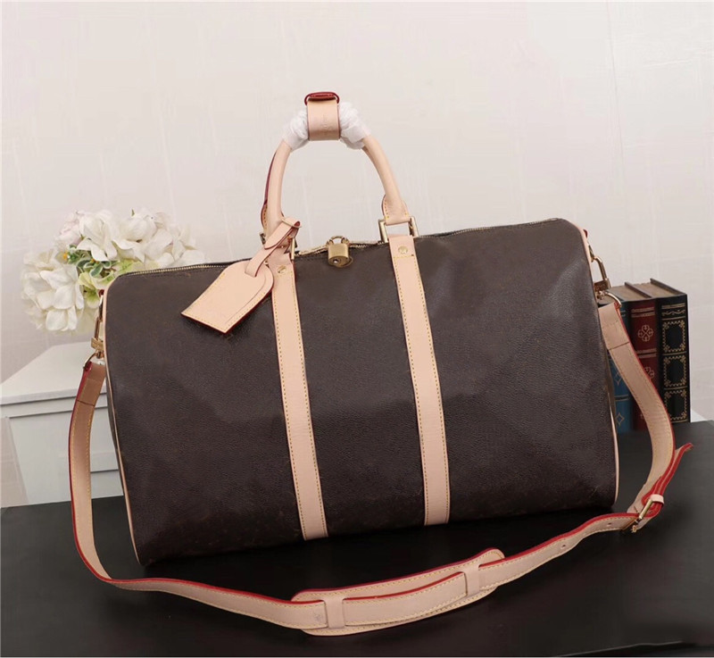 

55cm 50cm 45cm Brown flower women handbags purses keep all travel duffle duffel bags Real leather tote clutch shopping bag, Black flower