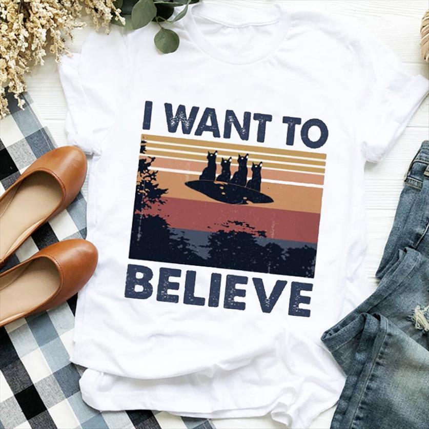 

funny cat cartoon ufo fall women halloween print tee clothes graphic, White