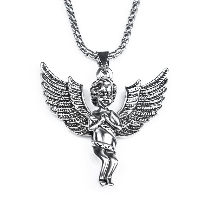 

Hiphop Titanium Steel Style Retro Little Angel Necklace Chic Pendant Jewelry Bungee Men And Women Tide Chains, Silver