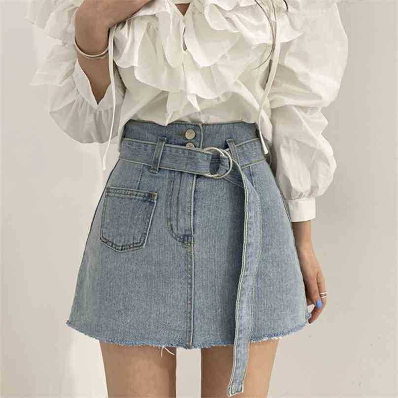 

Fashion Mini Skirts Women Vintage Solid Denim Sexy A-Line High Waist Pencil Bodycon Skirt Female 210525, Blue