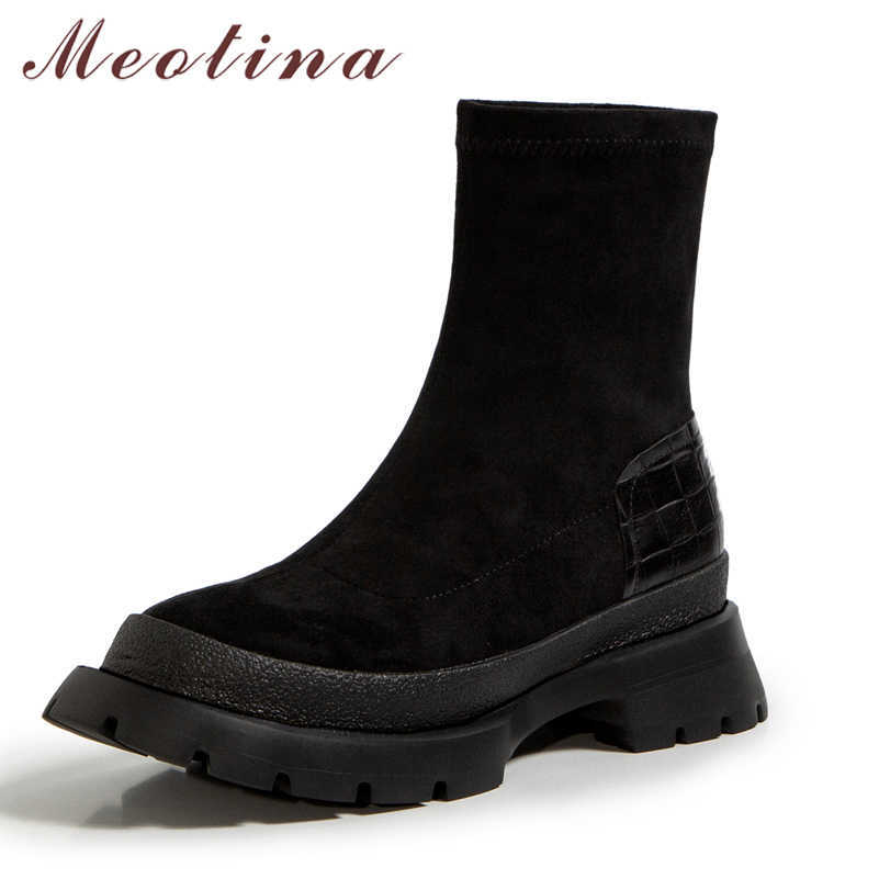 

Meotina Real Leather Platform Mid Heel Ankle Boots Women Shoes Round Toe Chunky Heels Slip On Stretch Short Boots Black Autumn 210608