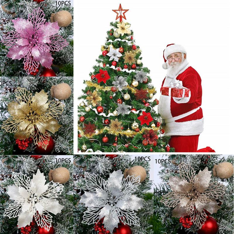 

Christmas Decorations 2022 10pcs Flowers Tree Hanging Ornaments 11cm Poinsettia Glitter Flower Party Home