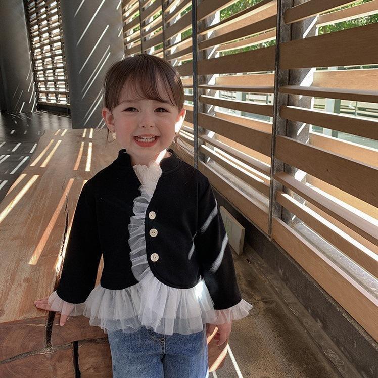 

Jackets Girls' Autumn Gauze Edge Coat 2021 Cute British Style Small Fresh Fake Two-piece Cardigan Children's Solid Color Formal, Blue;gray