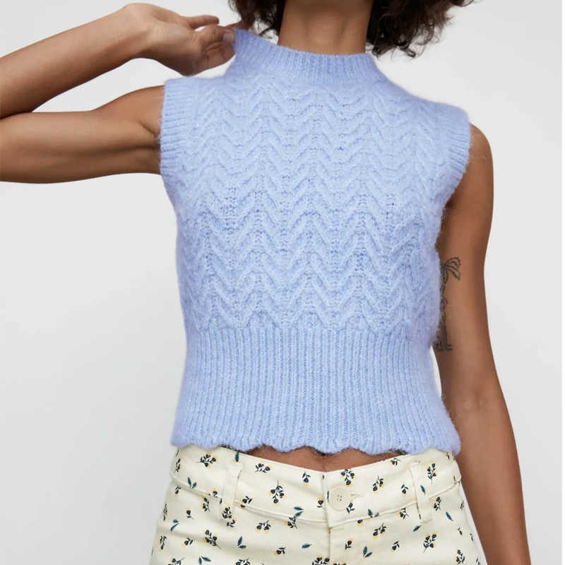 

ZA Women Fashion Soild Color High Waisted Vest Knitted Sweater O-neck Vintage Sleeveless Female Waistcoat Chic Tops 210604, Blue