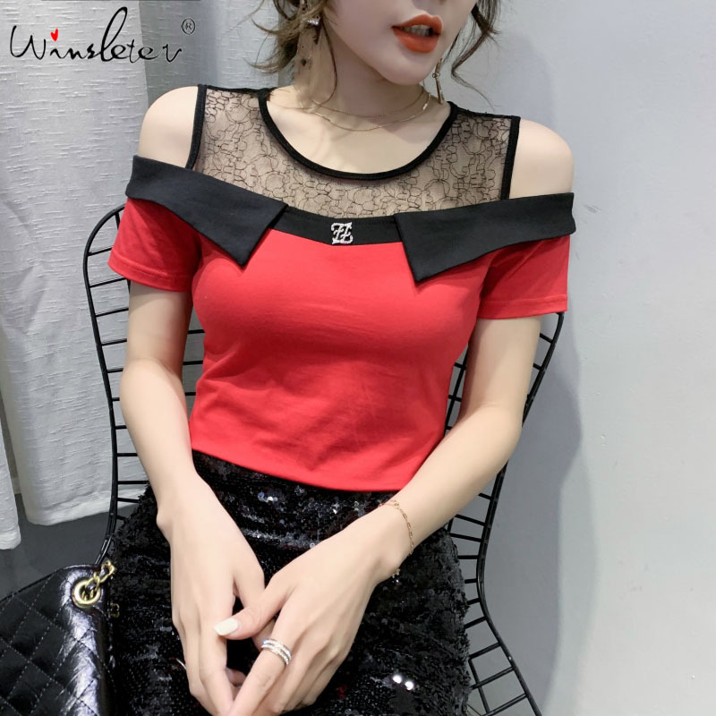 

Women's T-Shirt Summer Fashion Korean Clothes T-shirt Sexy Off Shouder Patchwork Mesh Women Tops Ropa Mujer Short Sleeve Tees T064, Red tshirt