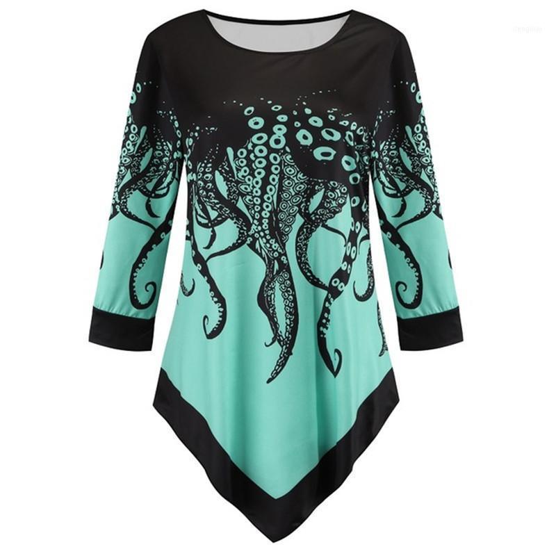 

Autumn 5xl Top Plus Size Women Print Blouse Shirt O-neck 3/4 Sleeve Irregular Hem Casual Loose Ladies Shirts Female Tops1, 424521 purple