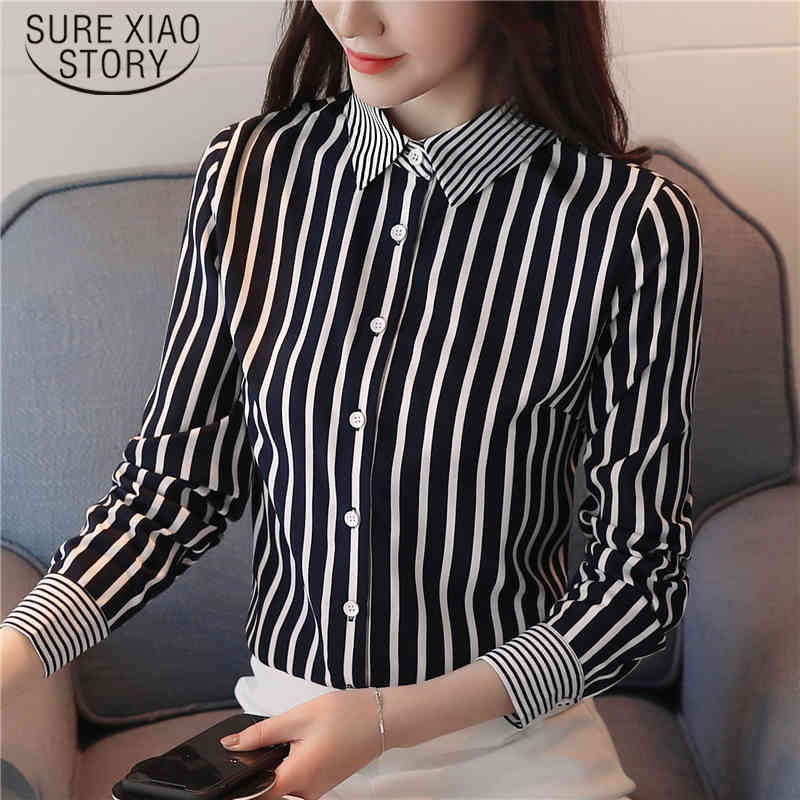 

arrived Spring blouse women Stripe shirt female long sleeve office lady fashion bottoming D484 30 210521, Dark blue