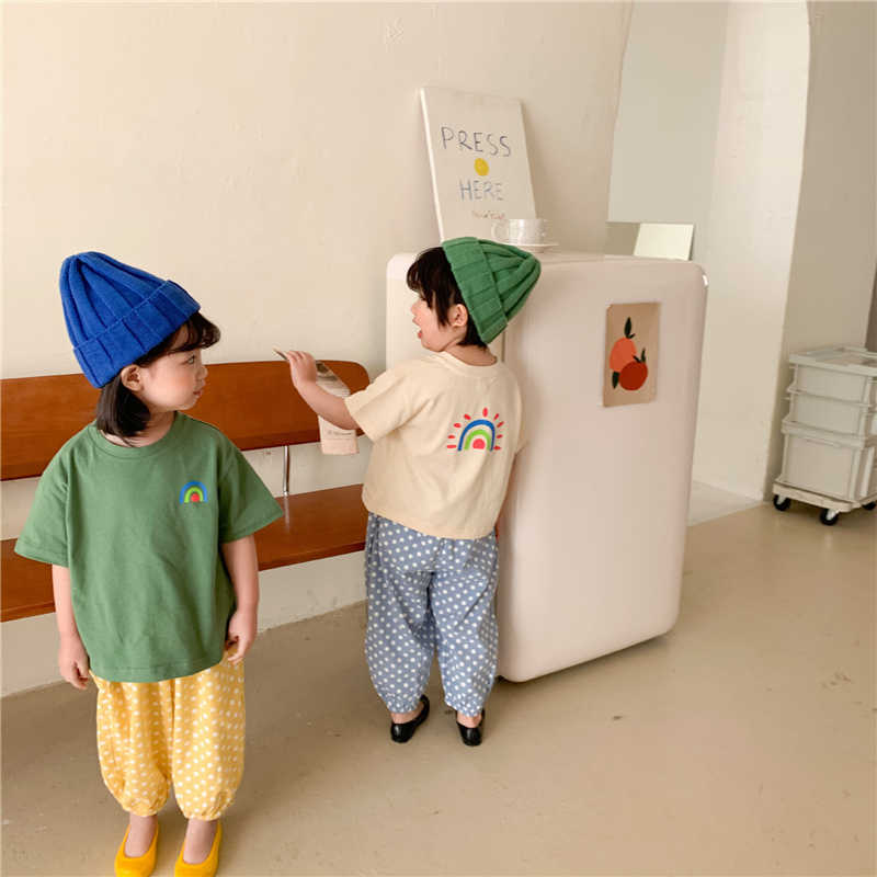 

Summer boys and girls rainbow print short sleeve t shirt cute unisex kids cotton loose casual Tops 210615, Beige